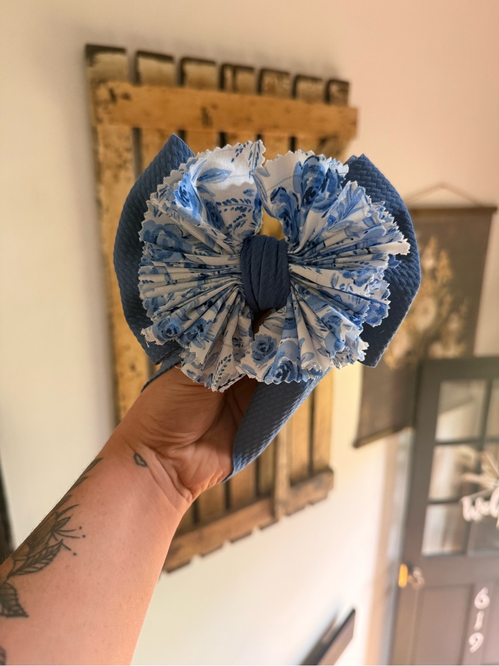 Blue Floral Ruffle Bow Headband for Kids
